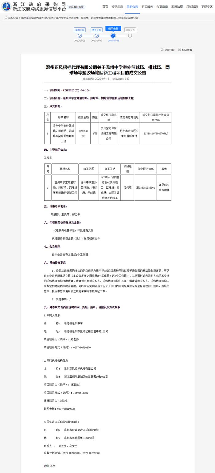 關(guān)于溫州中學(xué)室外籃球場(chǎng)、排球場(chǎng)、網(wǎng)球場(chǎng)等塑膠場(chǎng)地翻新工程項(xiàng)目的成交公告